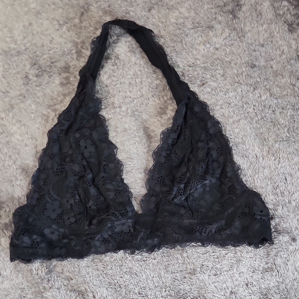 Sheer Lace Halter Bralette - Black